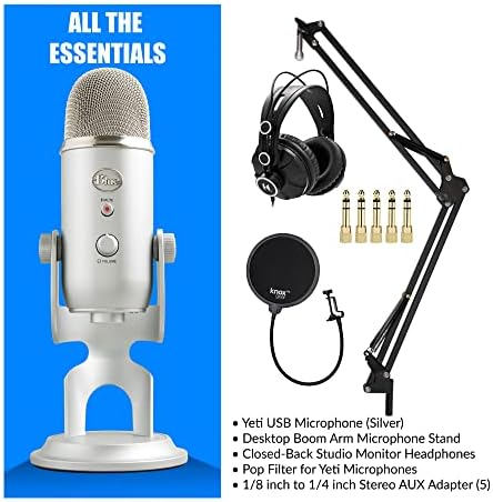 Kék Mikrofonok Yeti USB Mikrofon Csomag Stúdió Állni, Stúdió Fejhallgató,5 Sztereó AUX Adapter, valamint a Pop Szűrő (5 Elem)