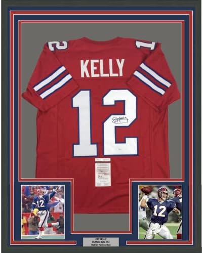 Keretes Dedikált/Aláírt Jim Kelly 33x42 Buffalo Bills Red Football Mez SZÖVETSÉG COA