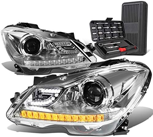 3D DRL LED Projektor Fényszóró Lámpa Króm+Szerszám Készlet Kompatibilis a Mercedes-Benz C-Osztály W204 11-15