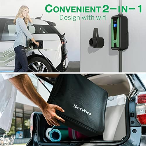 SetWire 40 Amperes Smart Home WiFi Szinten 2 EV Töltő, 2 az 1-ben Fali tartó & Hordozható EV Töltő, UL&CSA Tanúsítvánnyal