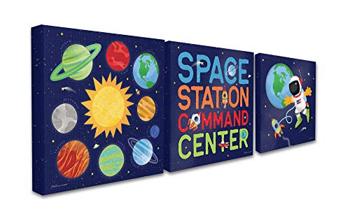 A Gyerekek Szobában Stupell Fényes űrállomás Command Center Trió a Naprendszer Rakéták, a Csillagok Vászon Wall Art, 3db,