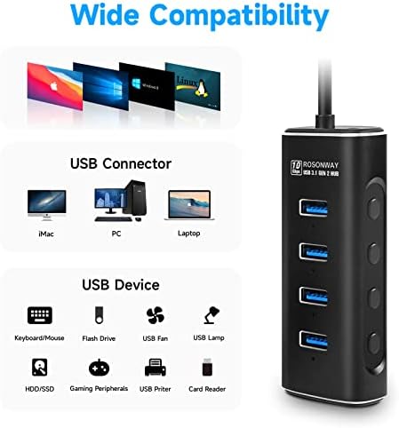 ROSONWAY 4 Port USB 3.1 Gen 2 Hub 10Gbps a 5V Adapter + Alumínium, 4 Port Ultra Slim USB 3.0 Hub Adatok