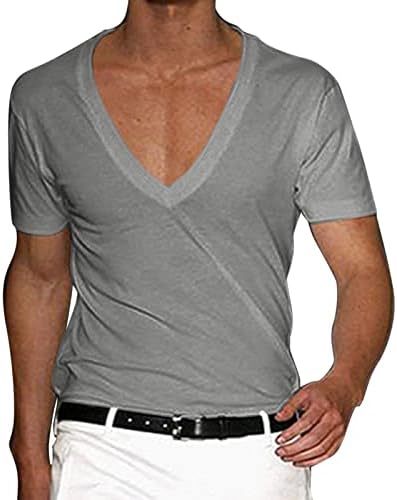 XXBR Férfi Szexi Mély V Nyakú pólót, Nyári Rövid Ujjú egyszínű Edzés izompóló Maximum Alkalmi Alapvető Tshirt