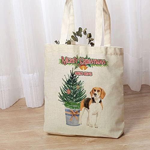 Természetes, Pamut Vászon Táska Boldog Karácsonyt Kutyája Mikulás Helper Cserepes Növények, Fenyő Harangok, Ajándék Doboz