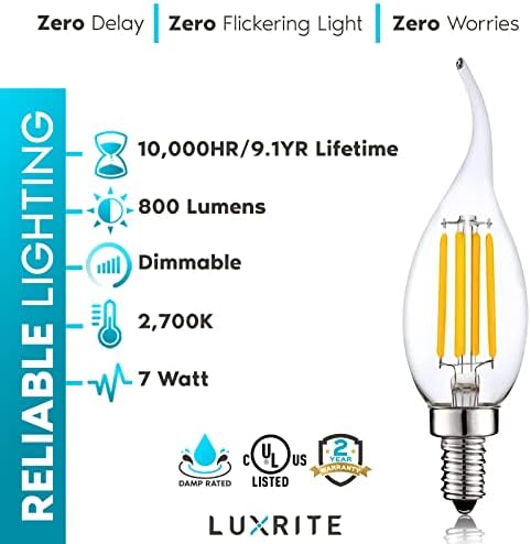 LUXRITE 12-Pack Gyertyatartót LED Izzók 100 Watt Egyenértékű, 800 Lumen, 2700K Meleg Fehér 7W, CA11 Szabályozható Csillár