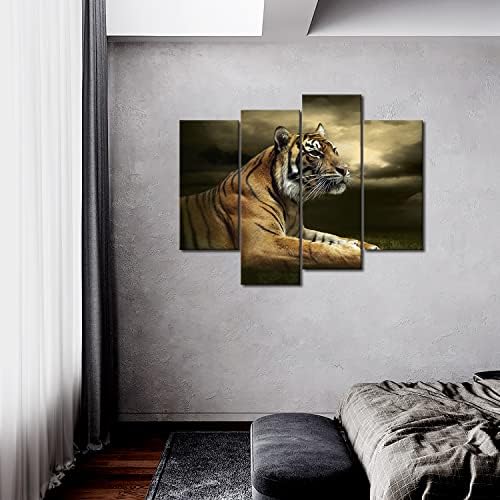 4 Panel Wall Art Tigris Néz Alatt Ül Drámai Égen a Felhők Festmény Képeket Nyomtatni, Vászon Állat A Képet Haza Modern Dekoráció