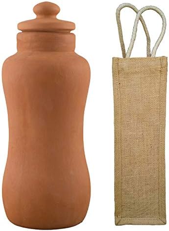 Odishabazaar Pack 2 Kézzel gyártott Agyag Terrakotta/Igazi Mitti Mázatlan Víz Üveg + Juta Zsák 1000ml Egészségügyi Ellátások