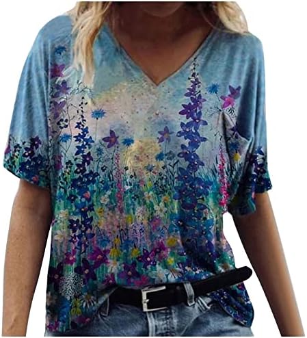 Virágmintás Maximum a Nők Nyári Rövid Ujjú Plus Size póló V Nyakú Vintage Laza Ívelt Hem Elegáns Alkalmi Blúzok
