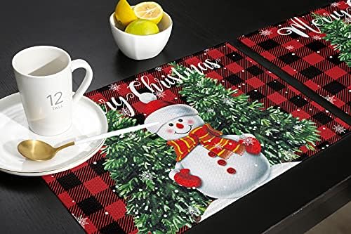 Karácsonyi Hóember Placemats Étkező Asztal garnitúra 4 Boldog Karácsonyt Aranyos Hóember a Karácsony Fa, Vörös, Fekete Bivaly